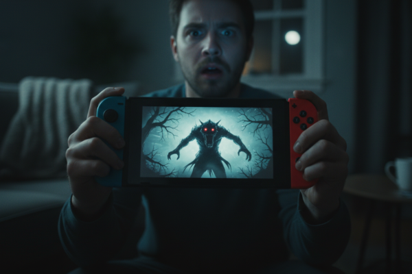 Nintendo Switch OLED sendo jogado no escuro com cena de jogo de terror na tela, destacando sustos e imersão portátil.