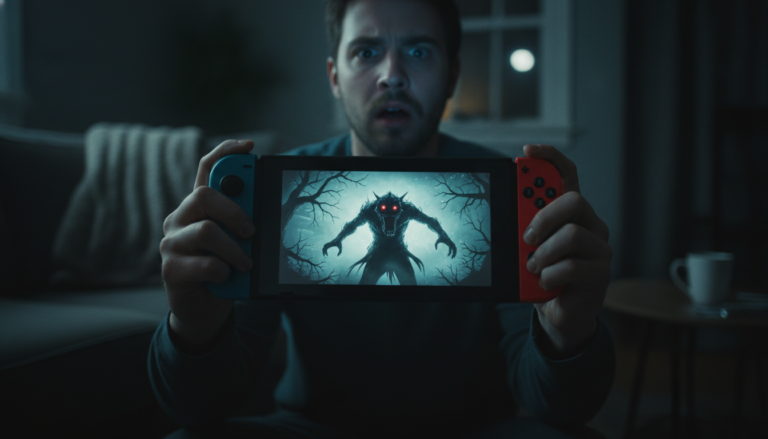 Nintendo Switch OLED sendo jogado no escuro com cena de jogo de terror na tela, destacando sustos e imersão portátil.