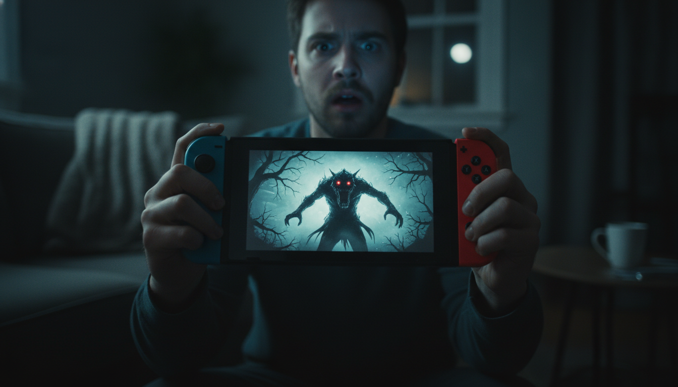 Nintendo Switch OLED sendo jogado no escuro com cena de jogo de terror na tela, destacando sustos e imersão portátil.