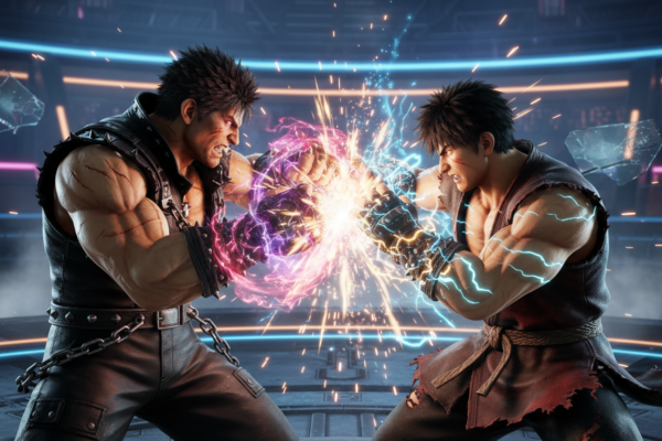 Kazuya Mishima e Jin Kazama duelando em Tekken 8 no PC, gráficos de alta qualidade, cena de luta.