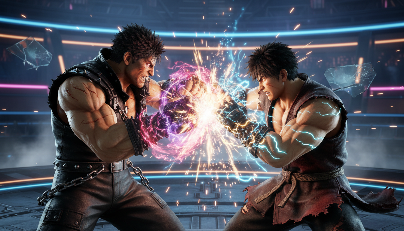 Kazuya Mishima e Jin Kazama duelando em Tekken 8 no PC, gráficos de alta qualidade, cena de luta.