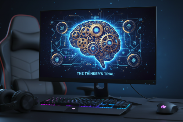 Imagem de capa para review de jogos de puzzle de PC com elementos de lógica e raciocínio, como engrenagens e símbolos brilhantes.