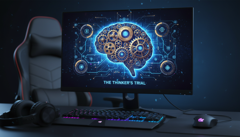 Imagem de capa para review de jogos de puzzle de PC com elementos de lógica e raciocínio, como engrenagens e símbolos brilhantes.
