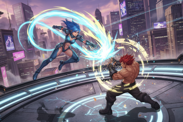 Screenshot de Melty Blood Type Lumina mostrando dois personagens em combate aéreo com efeitos especiais de energia, em um cenário urbano futurista no PC.