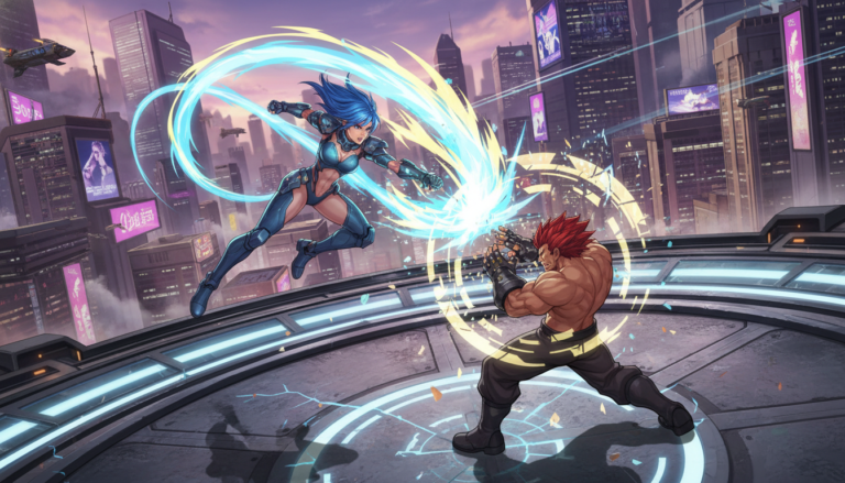 Screenshot de Melty Blood Type Lumina mostrando dois personagens em combate aéreo com efeitos especiais de energia, em um cenário urbano futurista no PC.