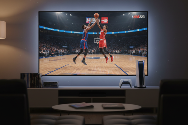 Console PlayStation 5 rodando NBA 2K23, com jogadores detalhados em quadra