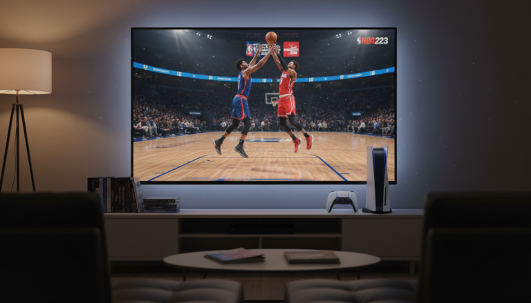 Console PlayStation 5 rodando NBA 2K23, com jogadores detalhados em quadra