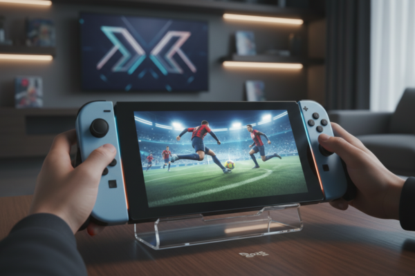 Nintendo Switch 2 com jogo de esporte em tela, Joy-Cons, guia melhores esportes 2025
