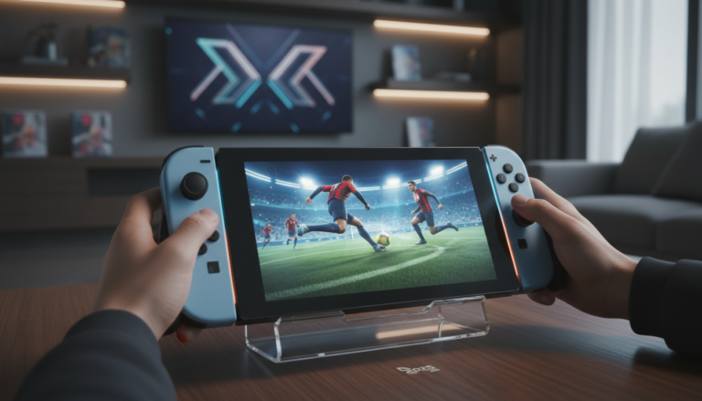 Nintendo Switch 2 com jogo de esporte em tela, Joy-Cons, guia melhores esportes 2025