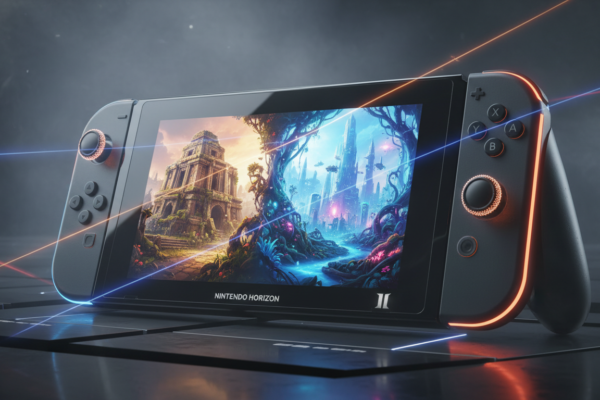 Console Nintendo Switch 2 com elementos visuais de jogos de ação e aventura