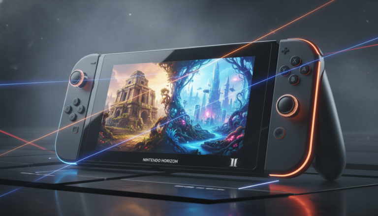 Console Nintendo Switch 2 com elementos visuais de jogos de ação e aventura