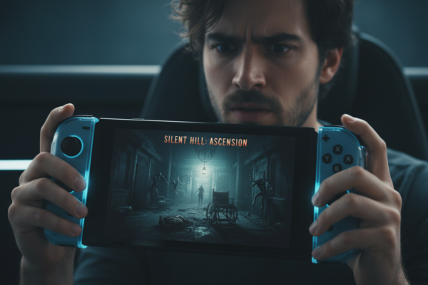 Jogador com Nintendo Switch 2, horror psicológico, imersão em games, tela de terror, console portátil, medo em jogos.