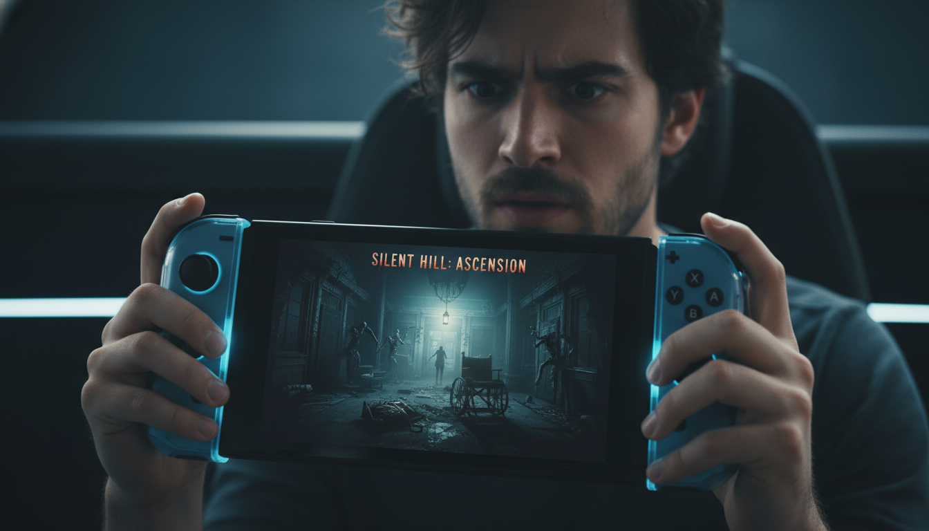 Jogador com Nintendo Switch 2, horror psicológico, imersão em games, tela de terror, console portátil, medo em jogos.