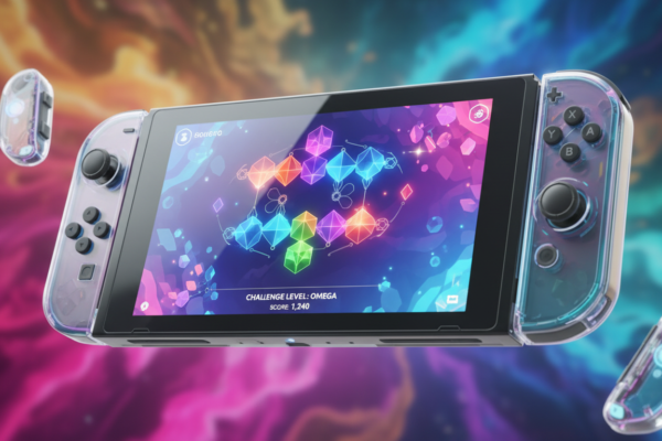 Console Nintendo Switch 2 com jogo de puzzle visualmente bonito na tela, efeitos de luz coloridos