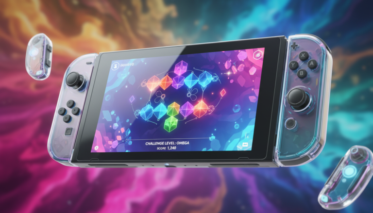 Console Nintendo Switch 2 com jogo de puzzle visualmente bonito na tela, efeitos de luz coloridos