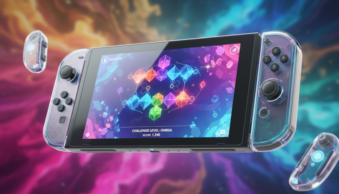 Console Nintendo Switch 2 com jogo de puzzle visualmente bonito na tela, efeitos de luz coloridos