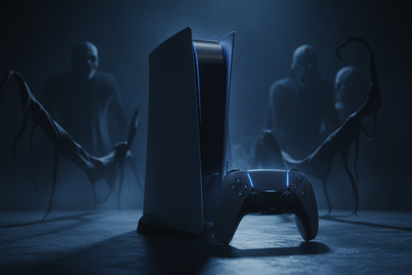 Console PS5 com luzes azuladas e sombras, simbolizando os Lançamentos de Terror no PS5 em 2026