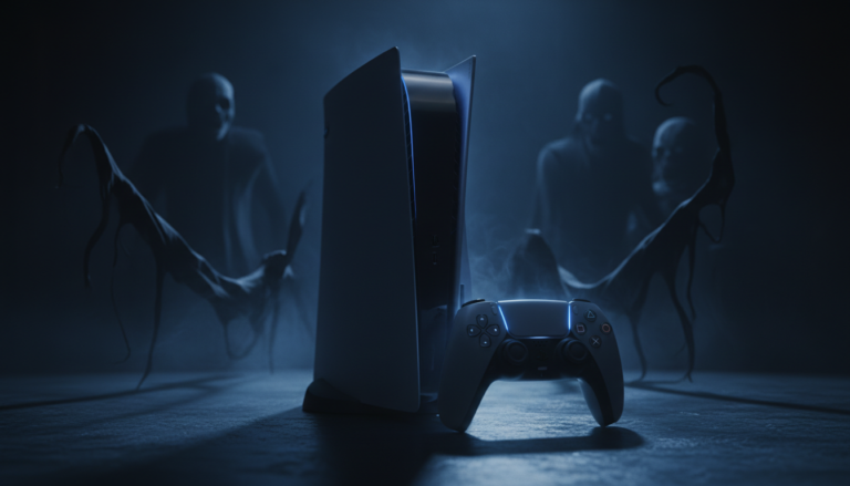 Console PS5 com luzes azuladas e sombras, simbolizando os Lançamentos de Terror no PS5 em 2026