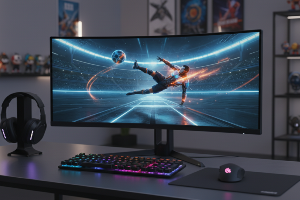 Setup de PC gamer com monitor exibindo jogo de futebol de 2026, com gráficos avançados e alta tecnologia.