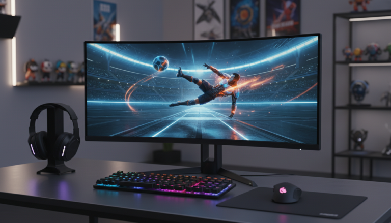 Setup de PC gamer com monitor exibindo jogo de futebol de 2026, com gráficos avançados e alta tecnologia.