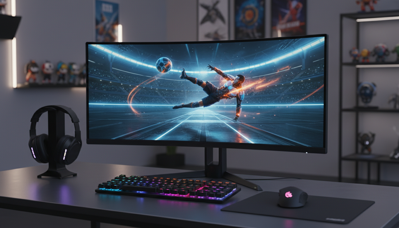 Setup de PC gamer com monitor exibindo jogo de futebol de 2026, com gráficos avançados e alta tecnologia.