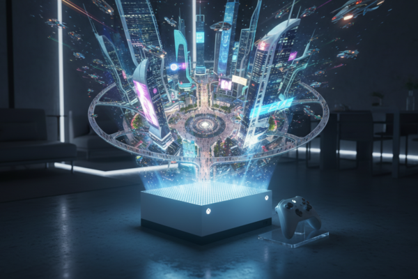 Xbox Series S projetando um jogo de simulação de cidade futurista em 2026