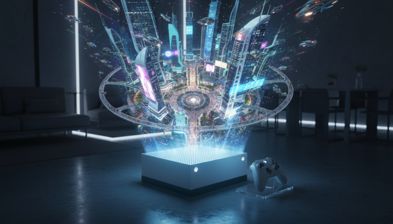 Xbox Series S projetando um jogo de simulação de cidade futurista em 2026