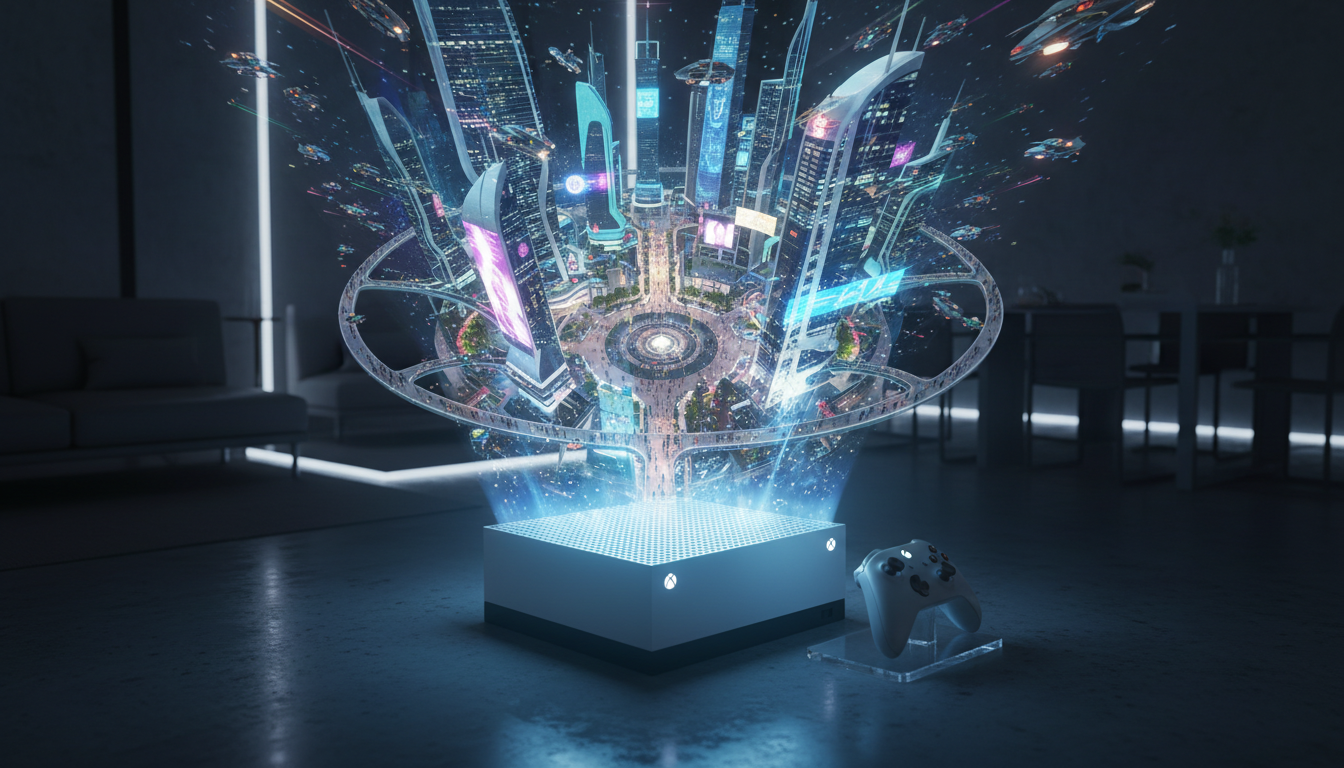 Xbox Series S projetando um jogo de simulação de cidade futurista em 2026