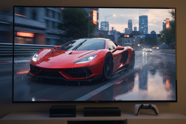 Carro de corrida com gráficos realistas no PS5, reflexos de Ray Tracing, jogo de corrida de próxima geração