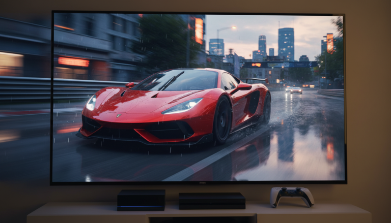 Carro de corrida com gráficos realistas no PS5, reflexos de Ray Tracing, jogo de corrida de próxima geração