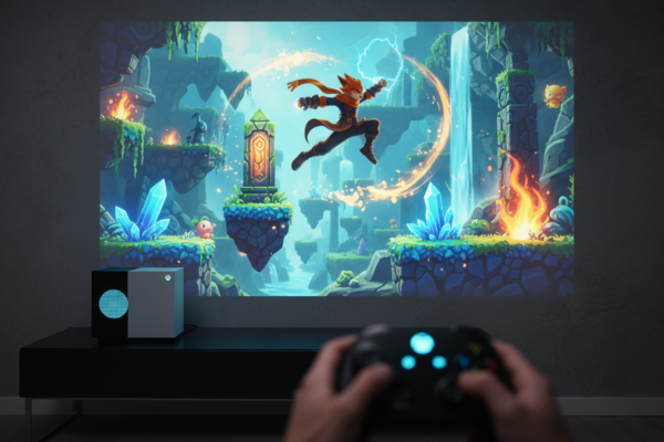 Xbox Series S com cena de jogo de plataforma vibrante e personagem saltando, representando os melhores jogos de plataforma de 2026.