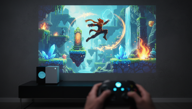 Xbox Series S com cena de jogo de plataforma vibrante e personagem saltando, representando os melhores jogos de plataforma de 2026.