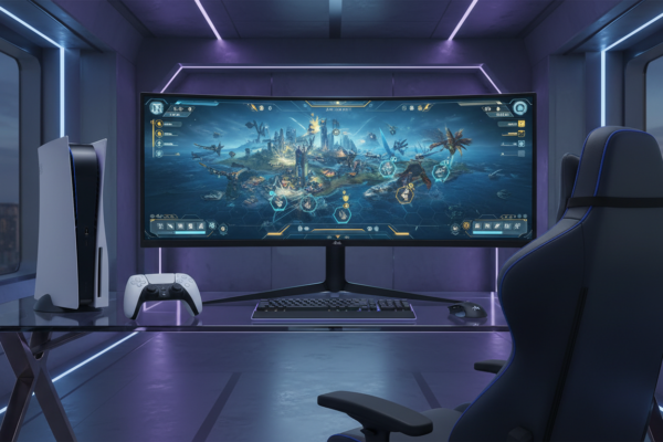 PlayStation 5 com jogo de estratégia de 2026 em tela, console PS5, controle DualSense, jogos de estratégia para PS5, novidades 2026