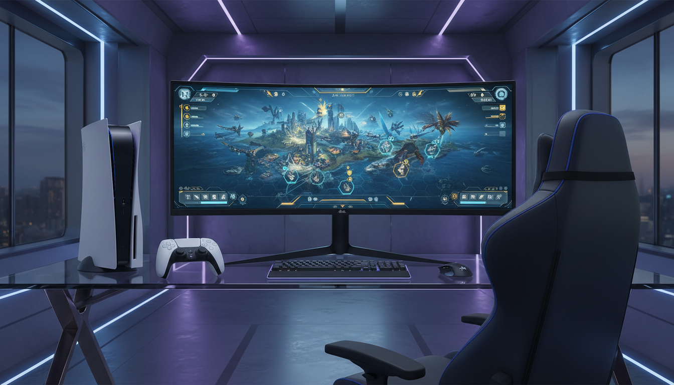 PlayStation 5 com jogo de estratégia de 2026 em tela, console PS5, controle DualSense, jogos de estratégia para PS5, novidades 2026