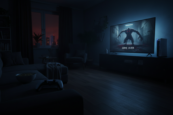 Jogador imerso em jogo de horror no PS5 com luzes apagadas