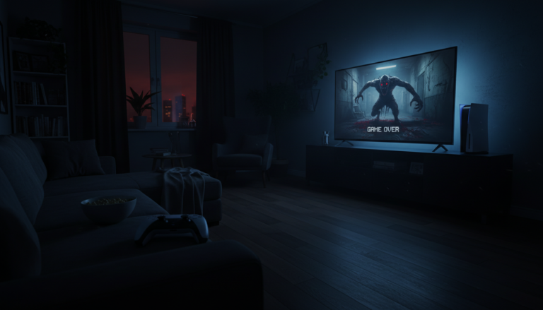 Jogador imerso em jogo de horror no PS5 com luzes apagadas