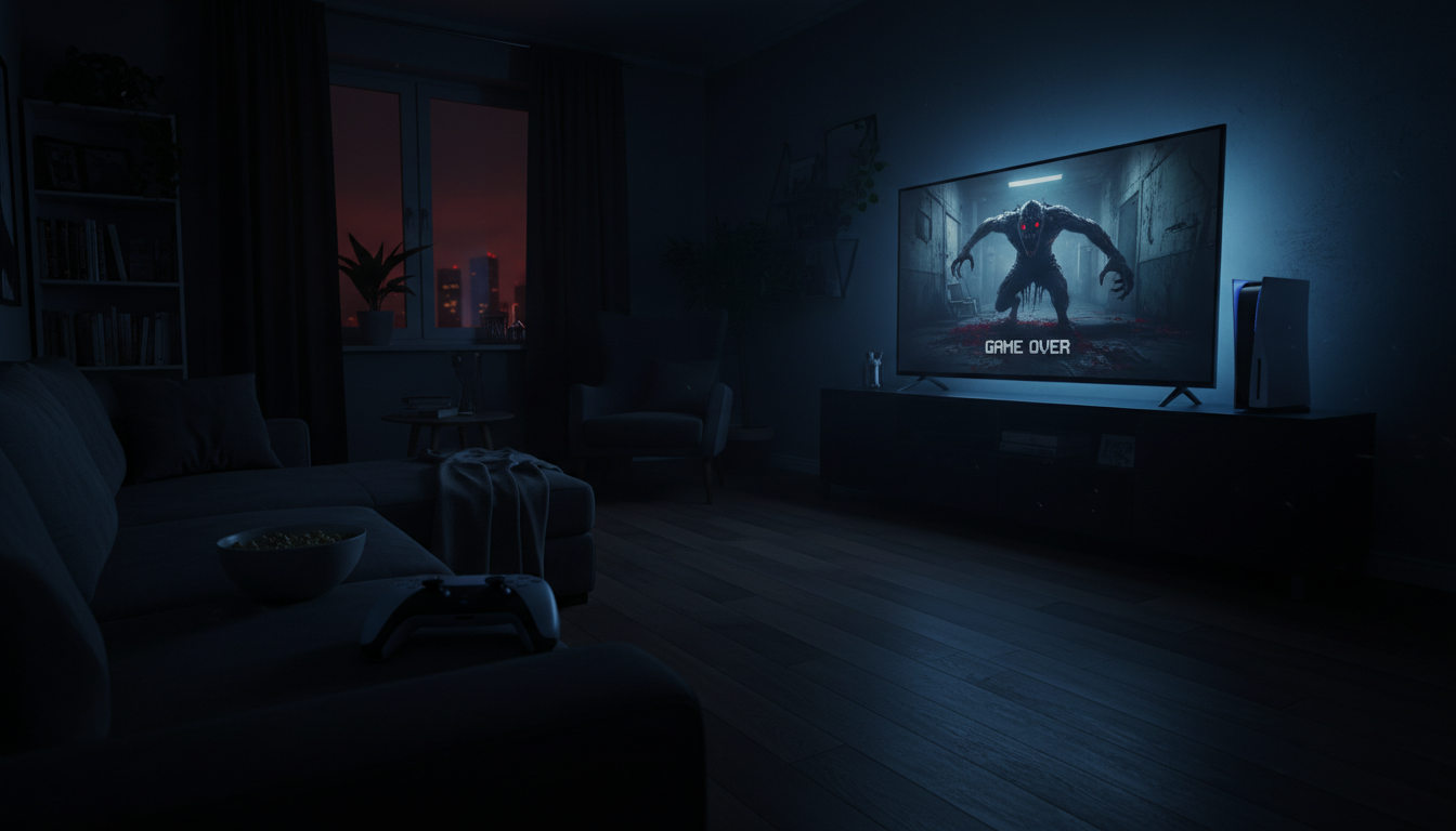 Jogador imerso em jogo de horror no PS5 com luzes apagadas