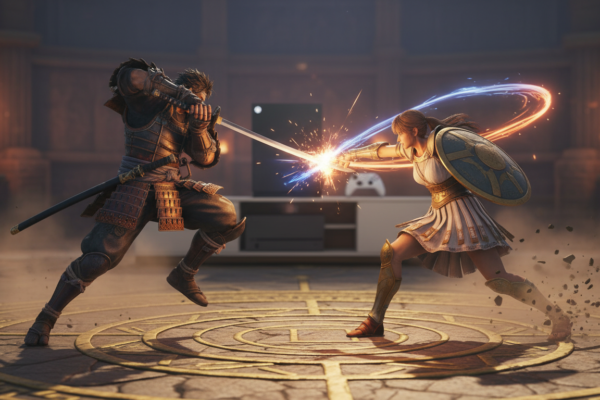 Personagens de Soulcalibur VI lutando em tela, com console Xbox Series S