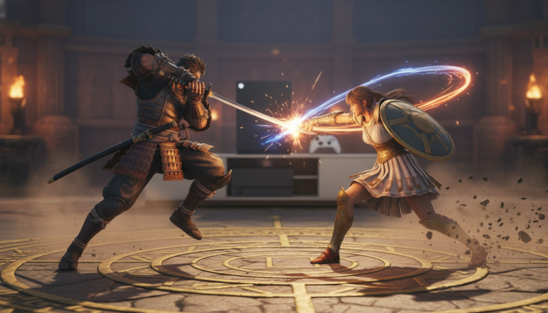 Personagens de Soulcalibur VI lutando em tela, com console Xbox Series S