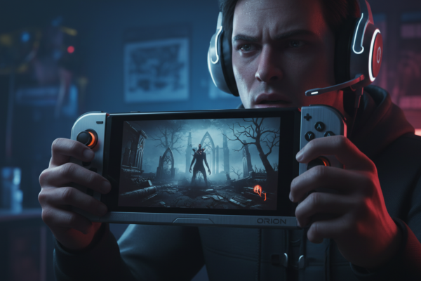 Jogador com expressão de medo jogando um jogo de terror em um console Nintendo Switch 2 com tela vibrante e gráficos de alta qualidade em um ambiente escuro.