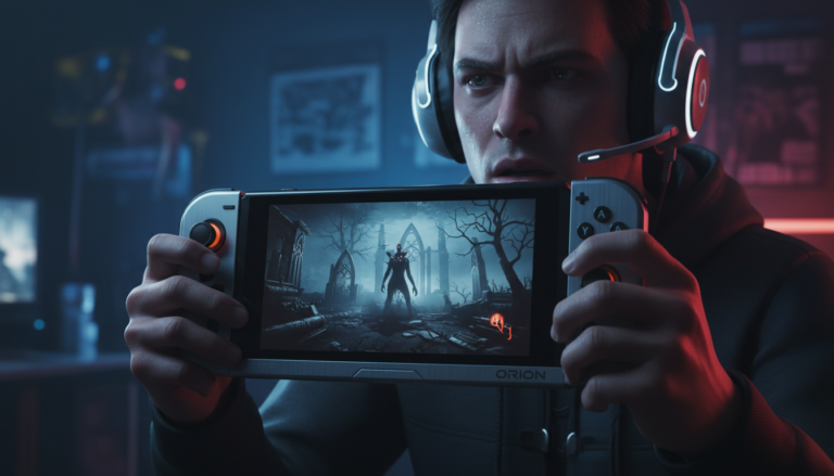 Jogador com expressão de medo jogando um jogo de terror em um console Nintendo Switch 2 com tela vibrante e gráficos de alta qualidade em um ambiente escuro.