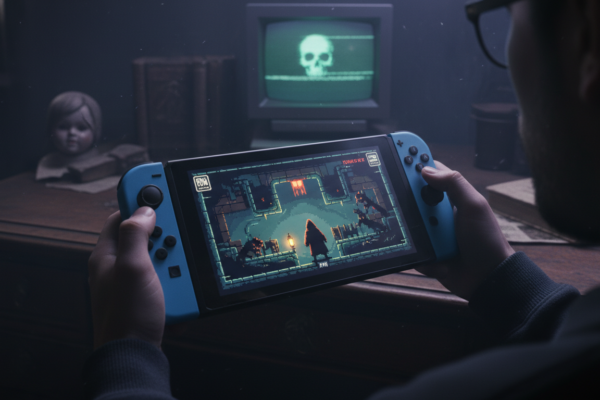 Nintendo Switch 2 com jogo de terror indie, mãos segurando o console, atmosfera de suspense