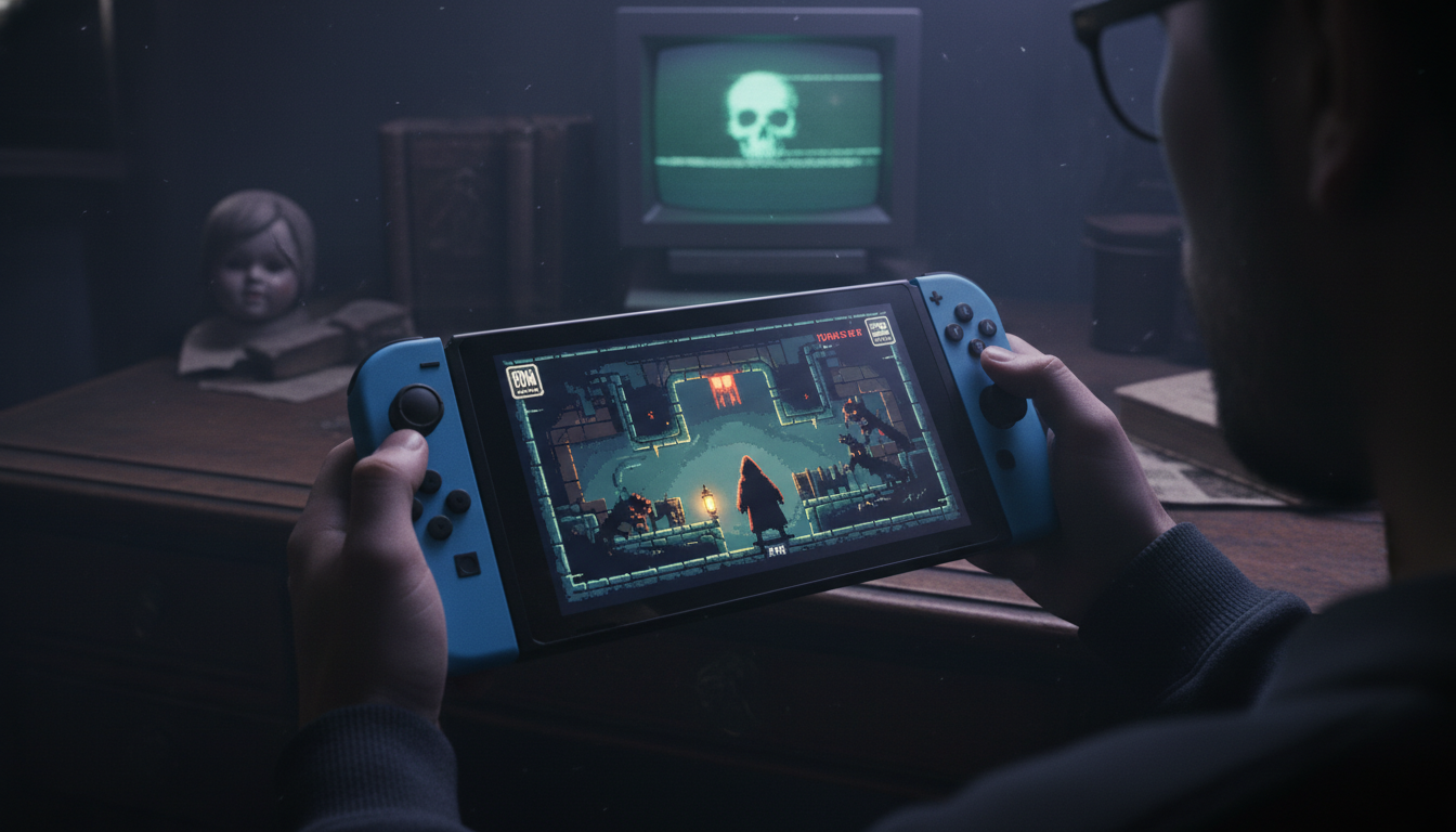 Nintendo Switch 2 com jogo de terror indie, mãos segurando o console, atmosfera de suspense