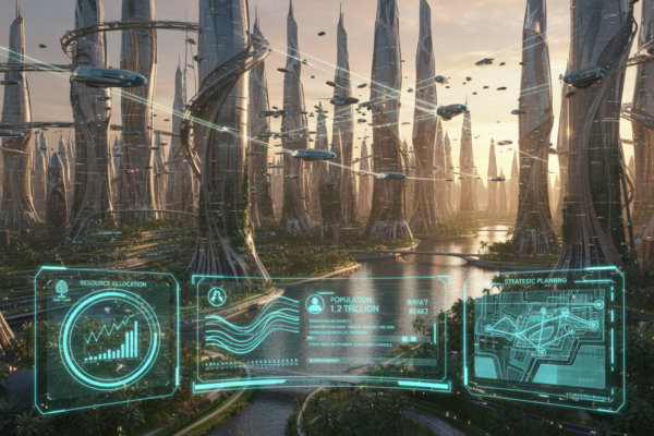 Cidade futurista com interface holográfica de jogo de simulação, representando os melhores simuladores de PC de 2026