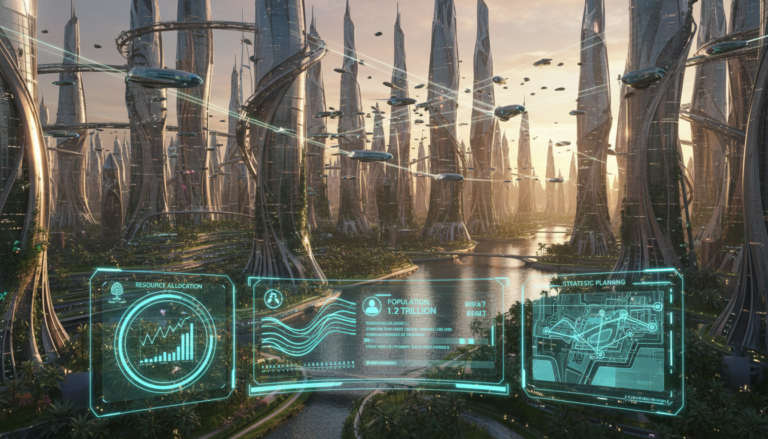Cidade futurista com interface holográfica de jogo de simulação, representando os melhores simuladores de PC de 2026