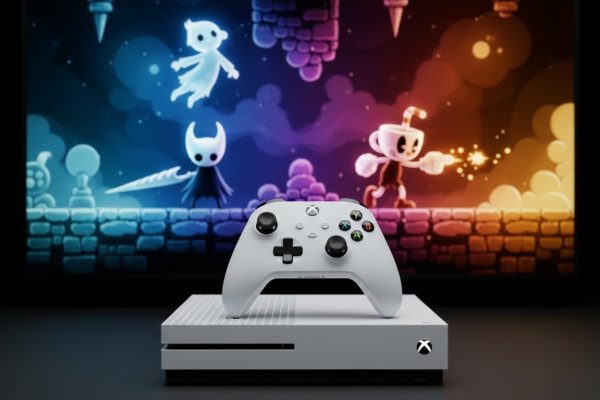 Console Xbox Series S branco com controle, exibindo cenas de jogos de plataforma como Ori, Hollow Knight, Cuphead, Psychonauts 2 e Celeste