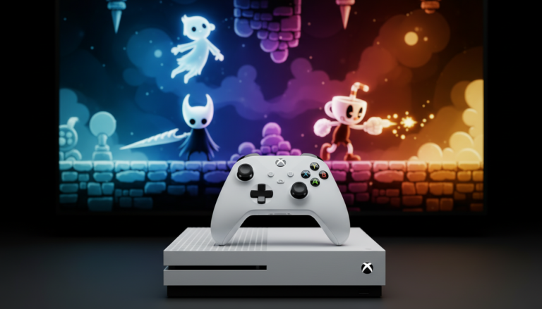 Console Xbox Series S branco com controle, exibindo cenas de jogos de plataforma como Ori, Hollow Knight, Cuphead, Psychonauts 2 e Celeste