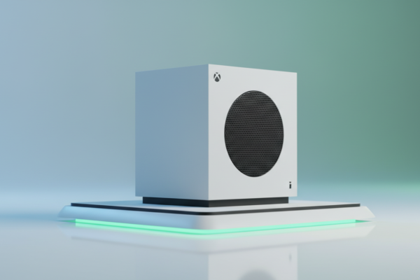 Console Xbox Series S branco em destaque com iluminação ambiente azul e verde, mostrando seu design moderno e compacto.