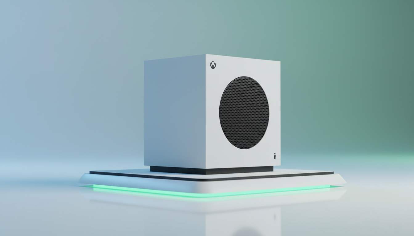 Console Xbox Series S branco em destaque com iluminação ambiente azul e verde, mostrando seu design moderno e compacto.