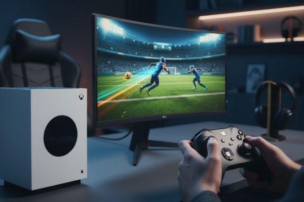 Console Xbox Series S com controle, exibindo Esportes Virtuais em tela, como futebol ou corrida, destacando gráficos e jogabilidade de próxima geração.